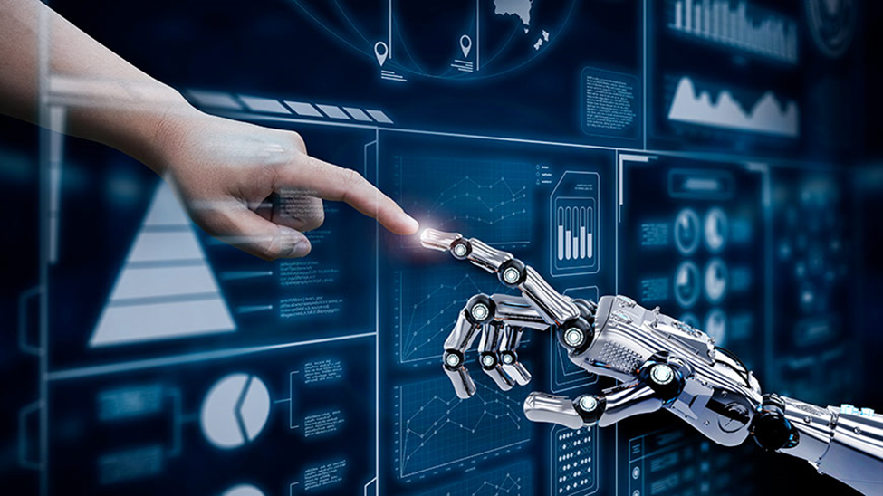 Los indices de una mano robótica y una humana se tocan, como en el cuadro "la Creación"